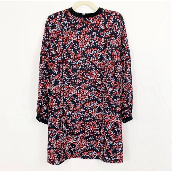 Loft Size S Long Sleeve Shift Dress Red Berry Floral Velvet Trim Cutout Fall - Picture 7 of 14
